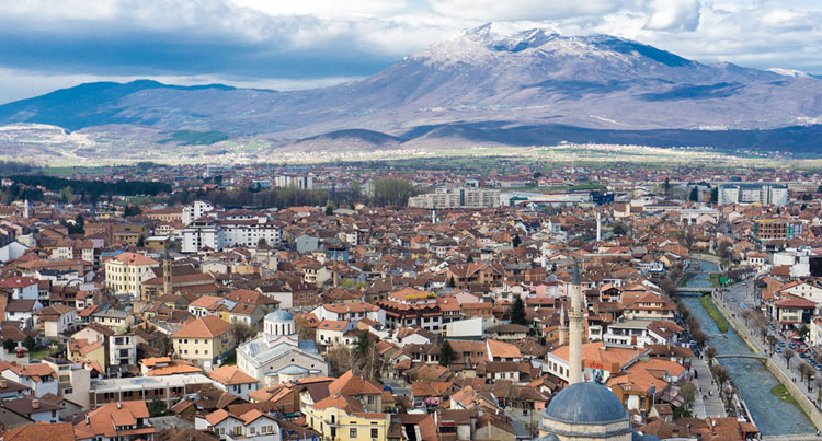 city aerial shot in Kosovo